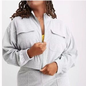 NWT Aerie Gray Ribbed Velour Cropped Zip Up Jacket, Medium